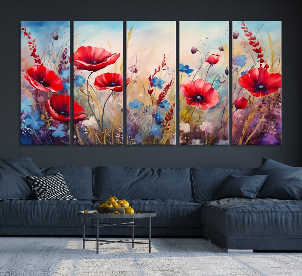 Colorful Wall Art Canvas Print Abstract Flowers Watercolor Red Blue Painting