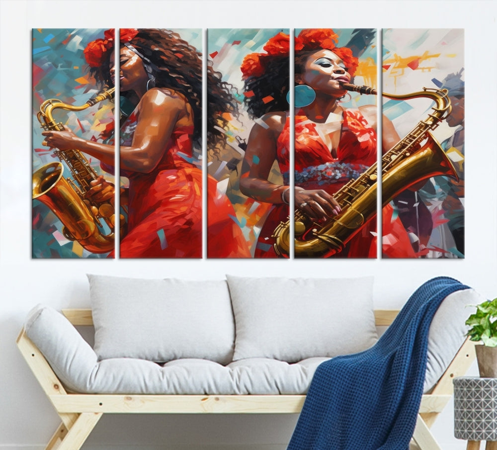 Saxophone Music Wall Art, Jazz Canvas Print, African American Woman Painting, Set of Print