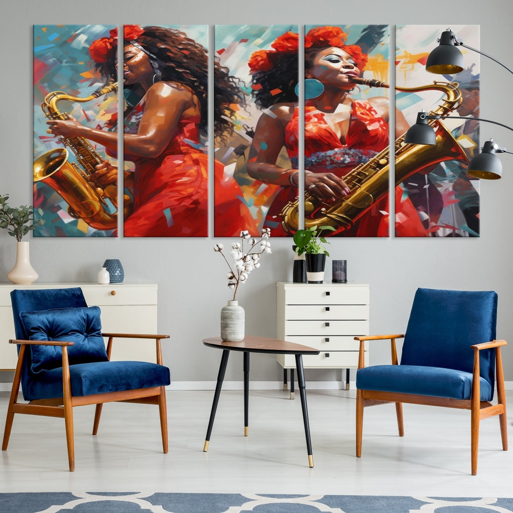 Saxophone Music Wall Art, Jazz Canvas Print, African American Woman Painting, Set of Print