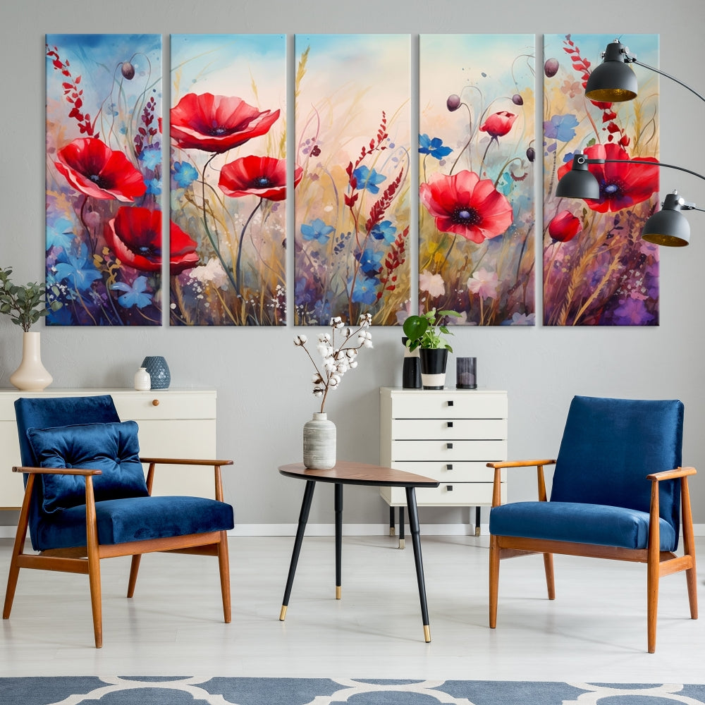 Colorful Wall Art Canvas Print Abstract Flowers Watercolor Red Blue Painting