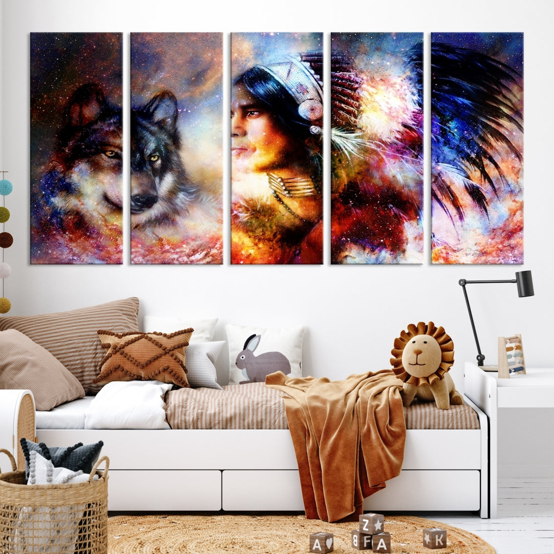 Wolf and Abstract Indian Chief Wall Art Canvas Print