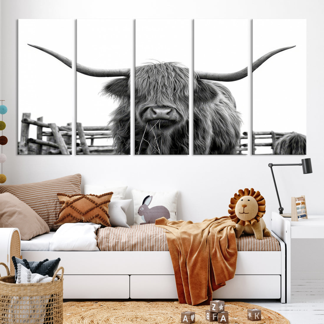 Bighorn Wall Art Cow Canvas Print Black White Artwork Mountain Lounge Farmhouse Wall Decor