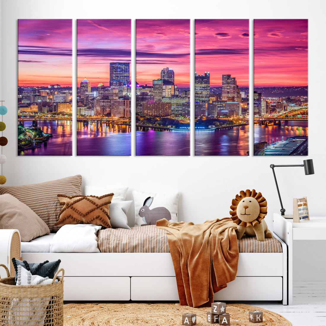 Pittsburgh Skyline Wall Art pink sky sunset cityscape Canvas Print Pennsylvania wall decor