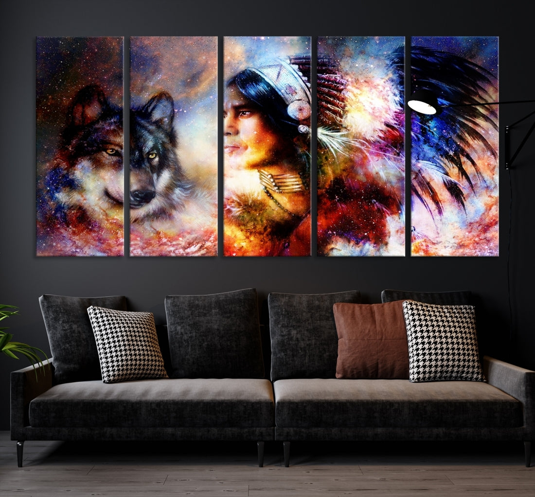 Wolf and Abstract Indian Chief Wall Art Canvas Print