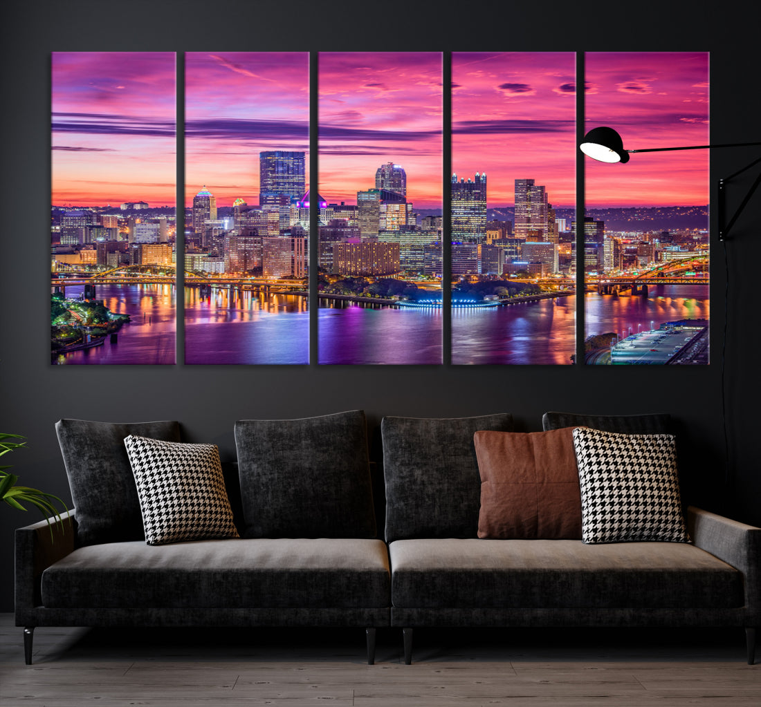 Pittsburgh Skyline Wall Art pink sky sunset cityscape Canvas Print Pennsylvania wall decor