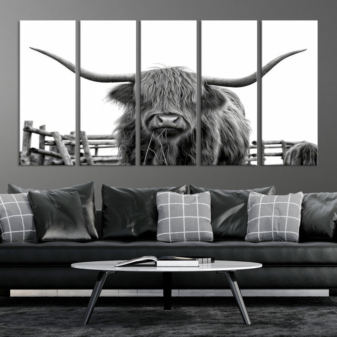 Bighorn Wall Art Cow Canvas Print Black White Artwork Mountain Lounge Farmhouse Wall Decor