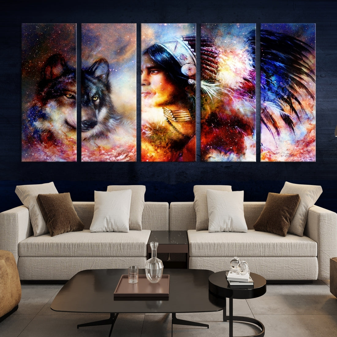 Wolf and Abstract Indian Chief Wall Art Canvas Print