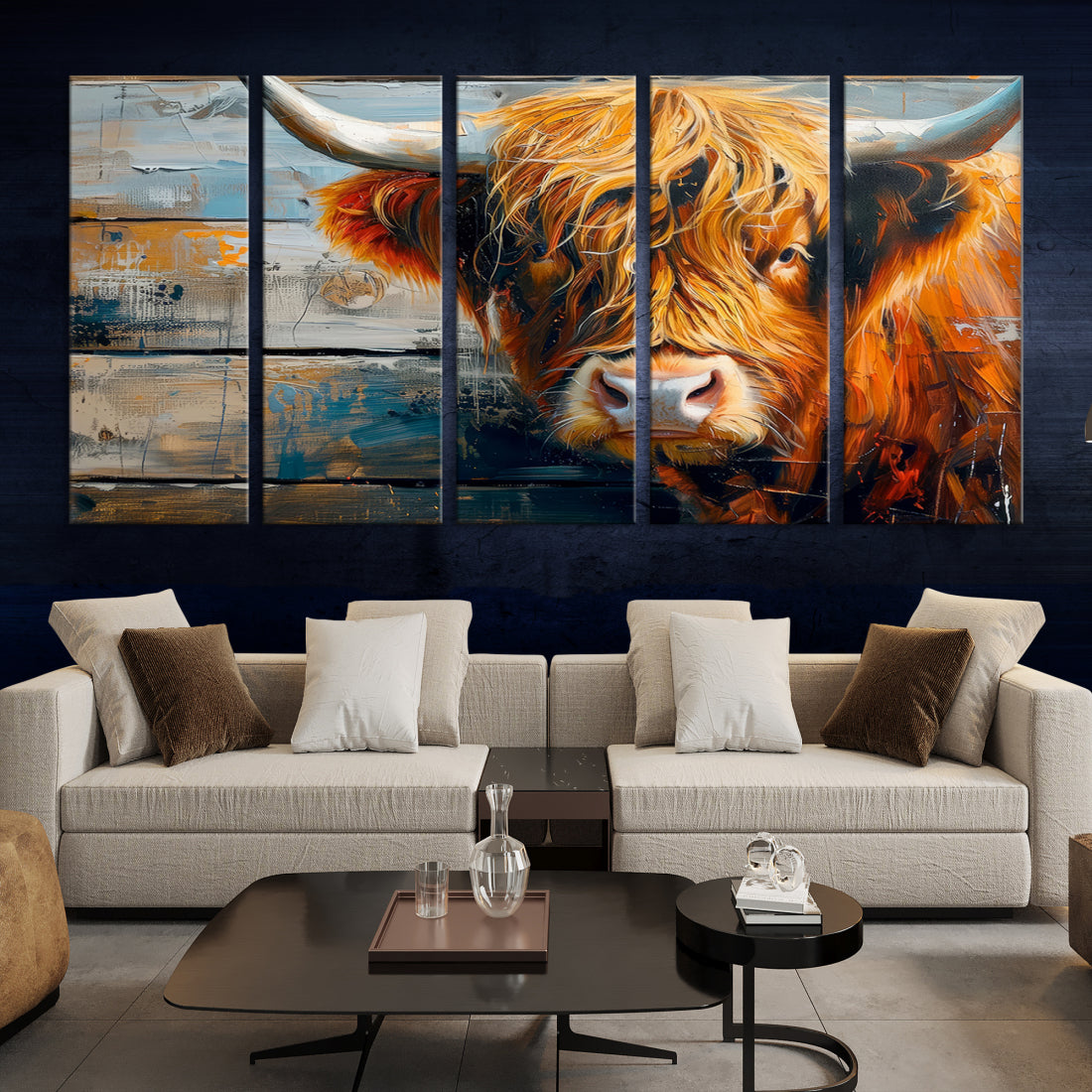 Cool Longhorn Cow on Old Wood Background Canvas Wall Art Print Framed and Shipped