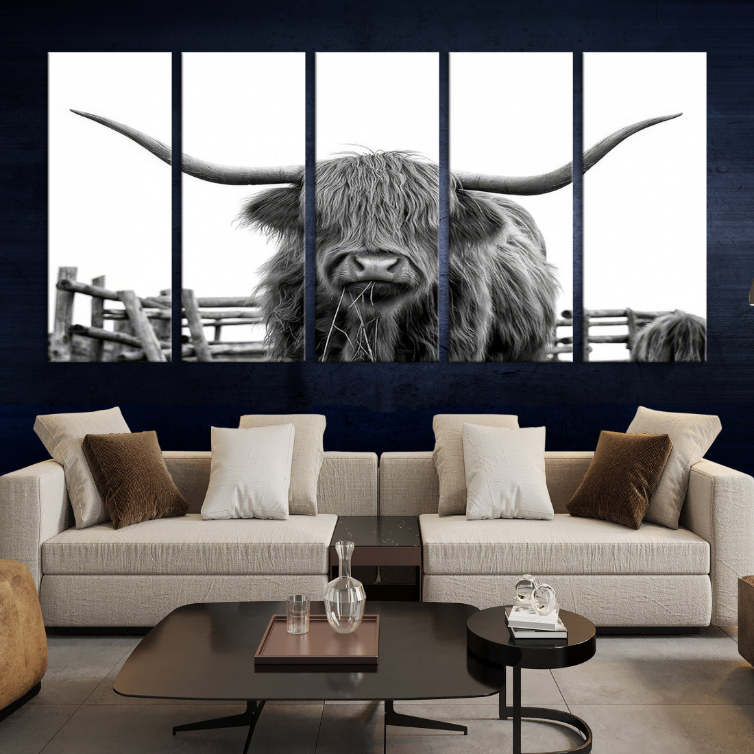 Bighorn Wall Art Cow Canvas Print Black White Artwork Mountain Lounge Farmhouse Wall Decor