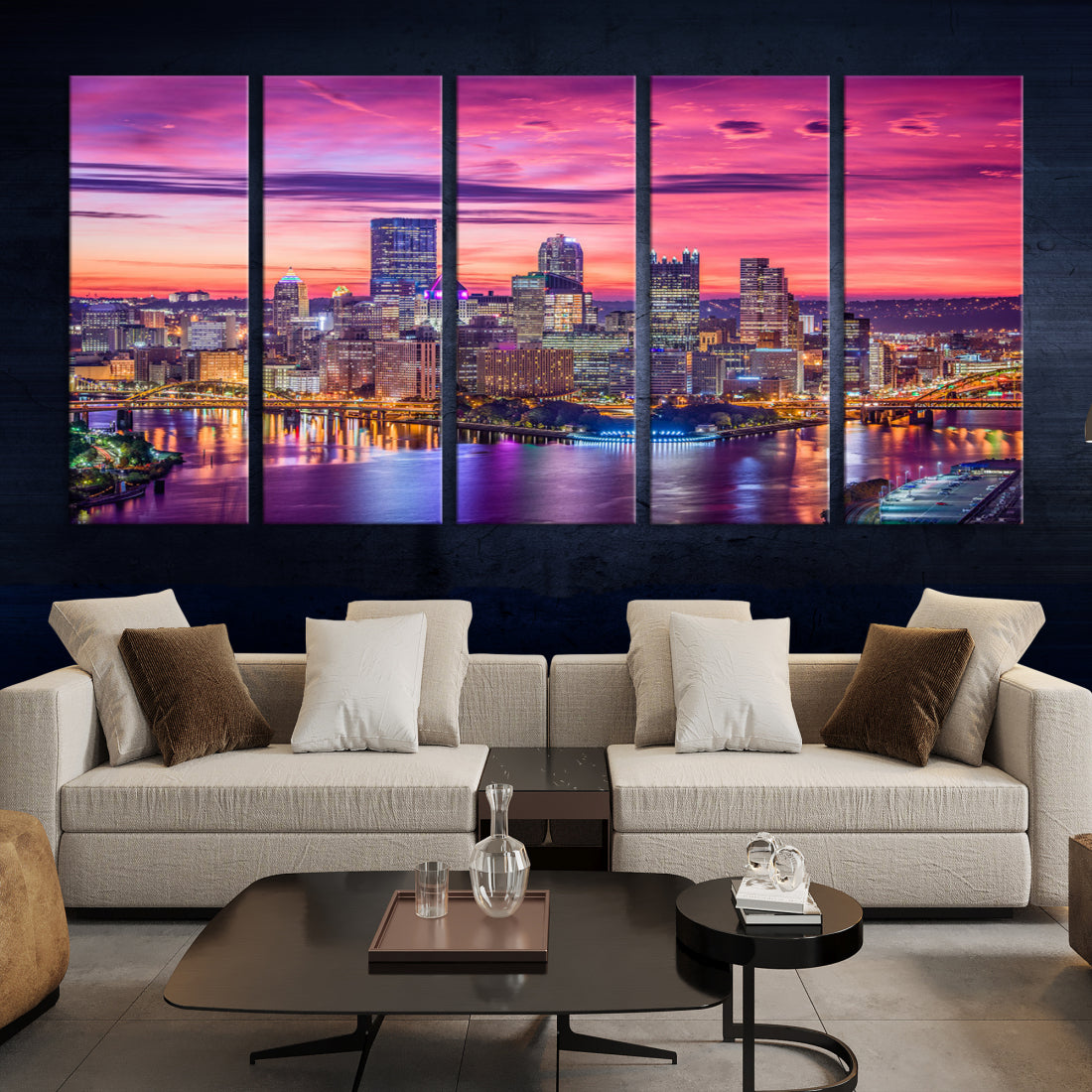 Pittsburgh Skyline Wall Art pink sky sunset cityscape Canvas Print Pennsylvania wall decor