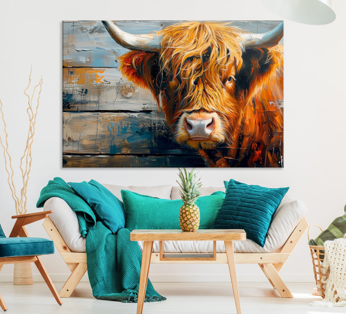 Cool Longhorn Cow on Old Wood Background Canvas Wall Art Print Framed and Shipped