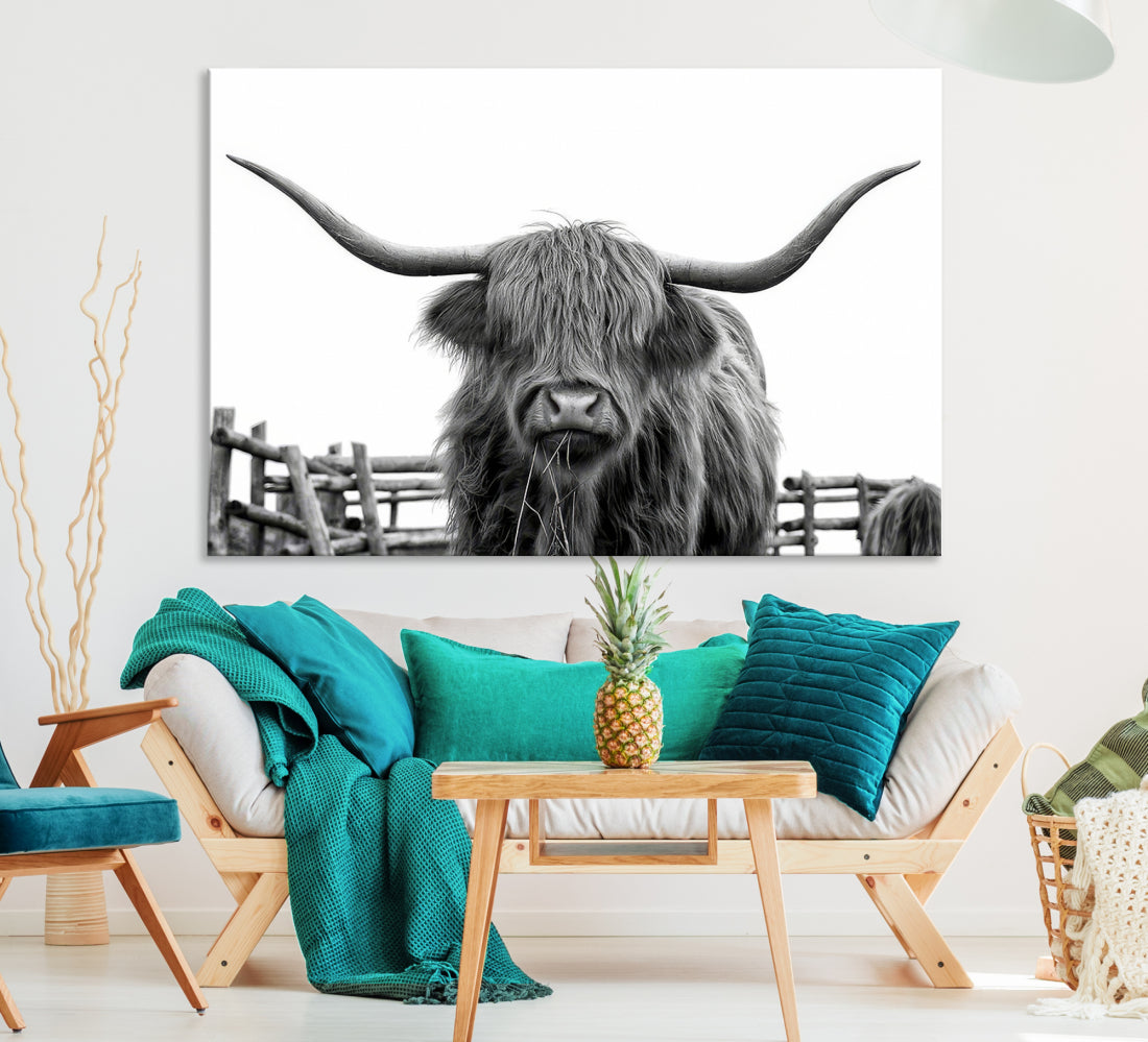 Bighorn Wall Art Cow Canvas Print Black White Artwork Mountain Lounge Farmhouse Wall Decor