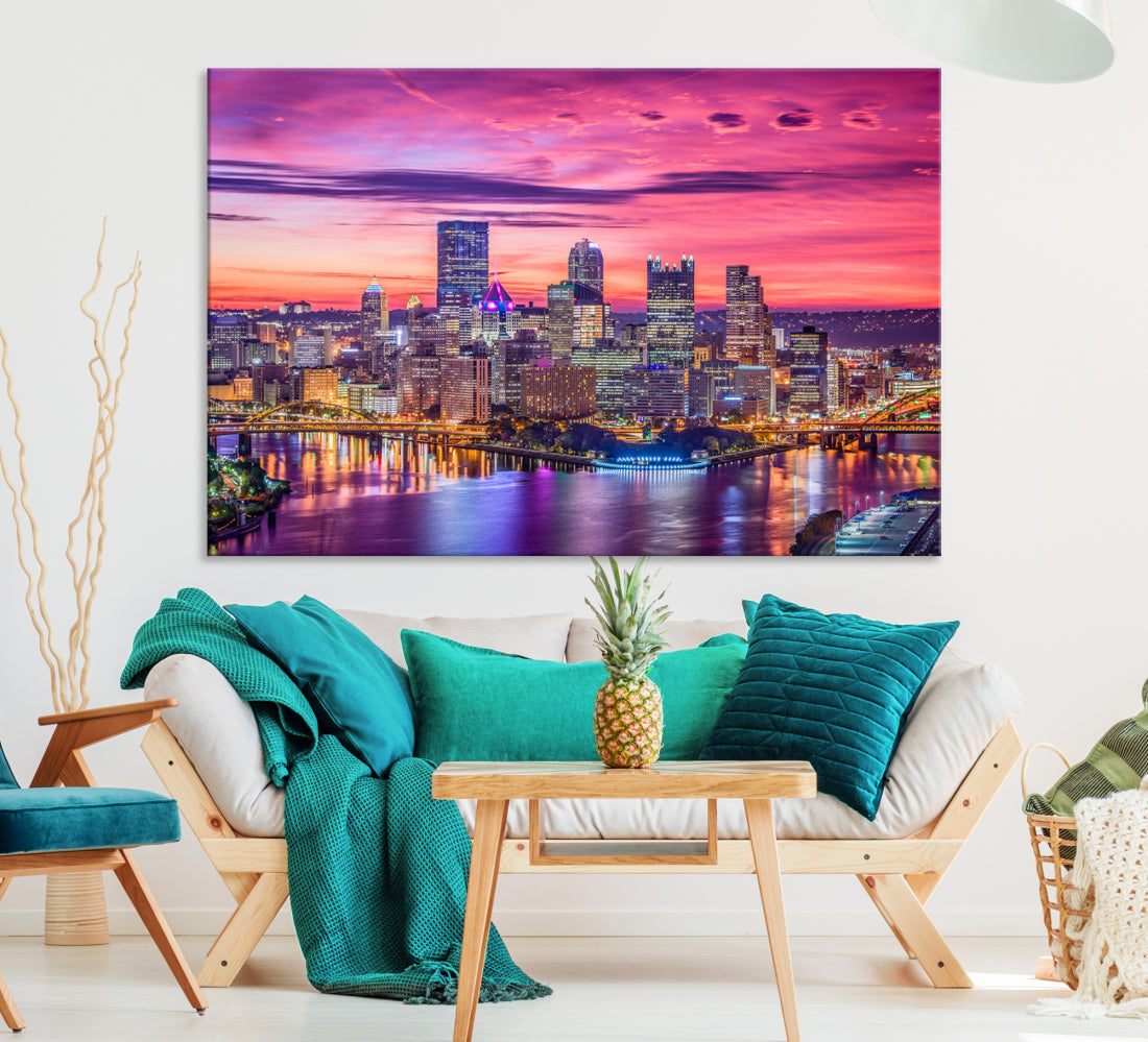 Pittsburgh Skyline Wall Art pink sky sunset cityscape Canvas Print Pennsylvania wall decor