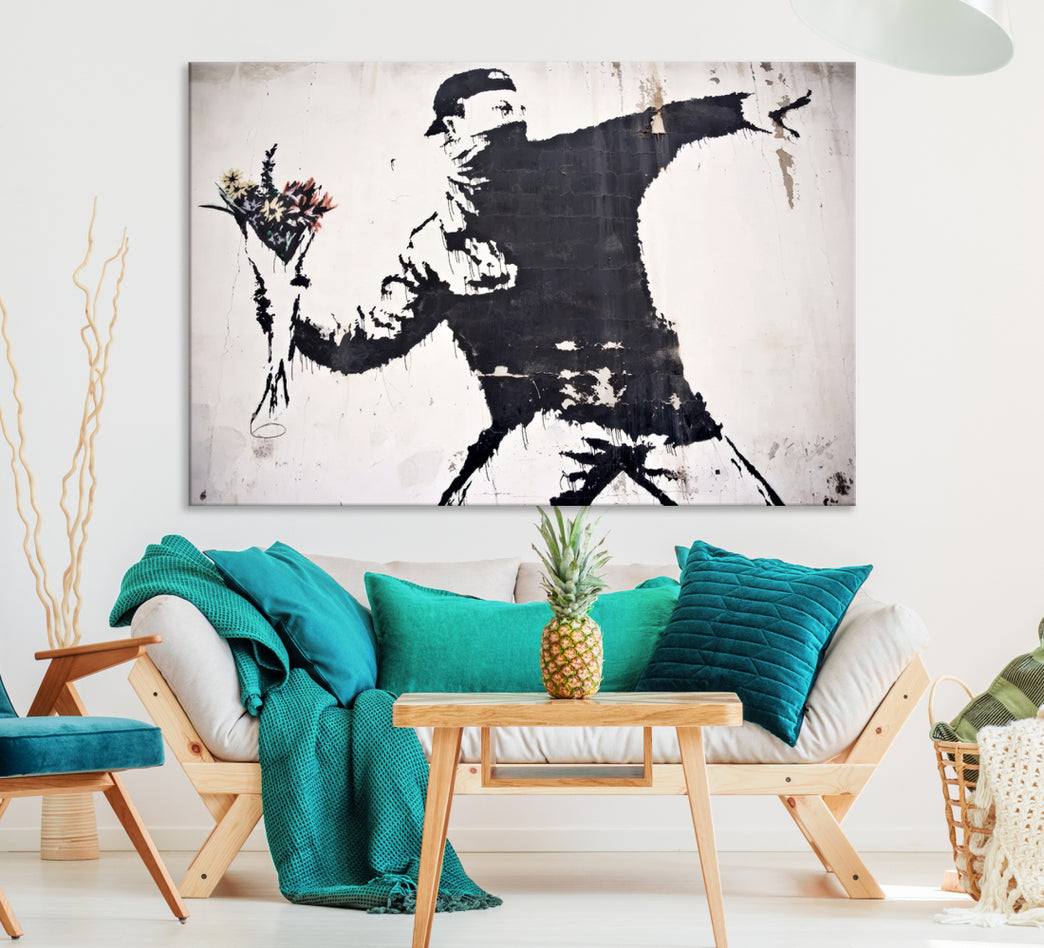 Banksy Flower Throw Graffiti Street Wall Art Canvas Print