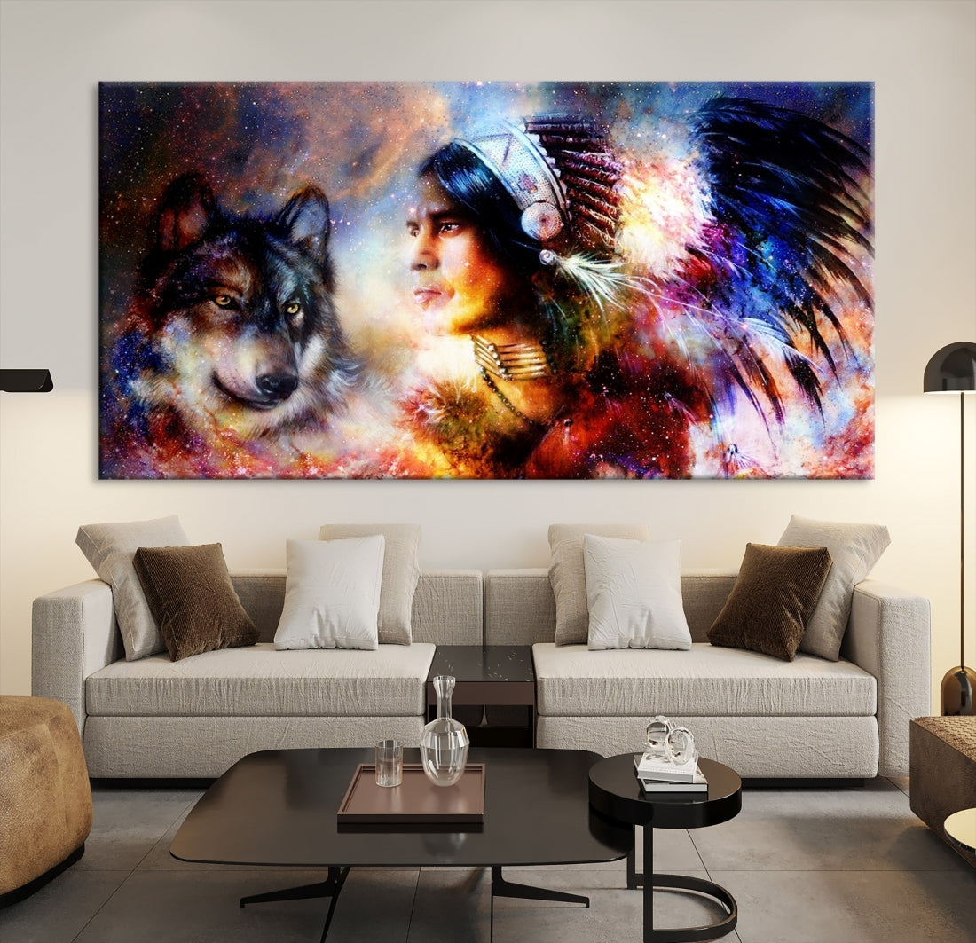 Wolf and Abstract Indian Chief Wall Art Canvas Print