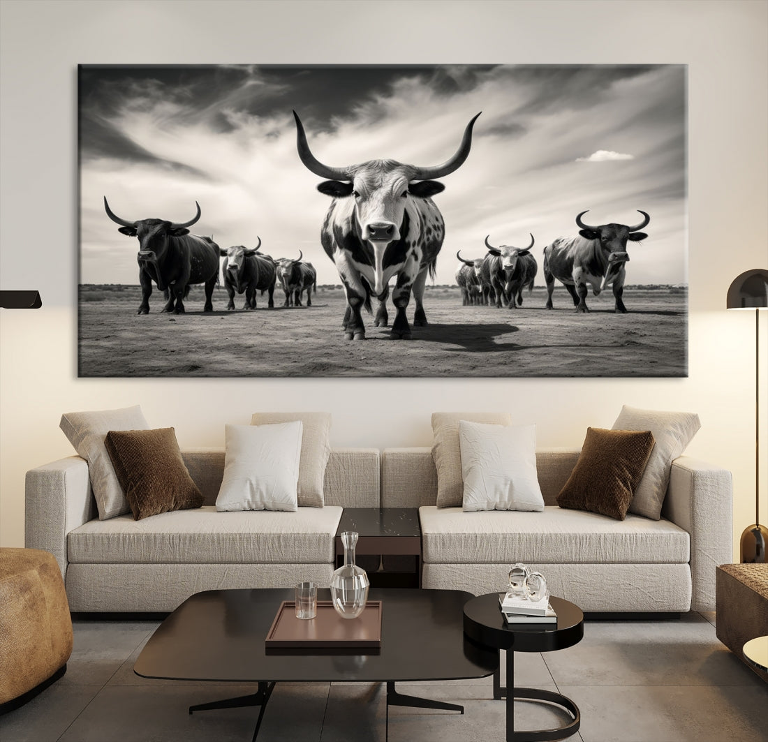 Texas Bighorn Cow Animal Wall Art Canvas Print, Longhorn Cow Large Wall Art