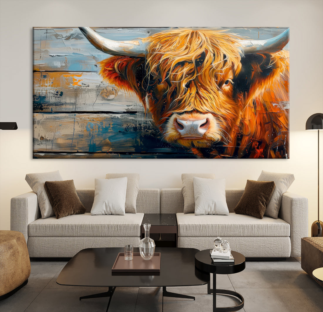 Cool Longhorn Cow on Old Wood Background Canvas Wall Art Print Framed and Shipped