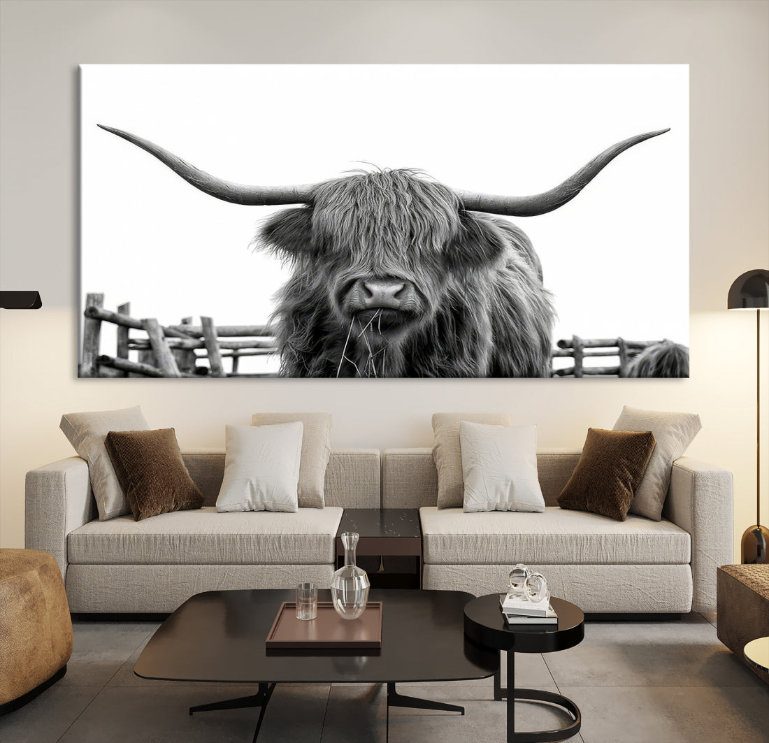 Bighorn Wall Art Cow Canvas Print Black White Artwork Mountain Lounge Farmhouse Wall Decor