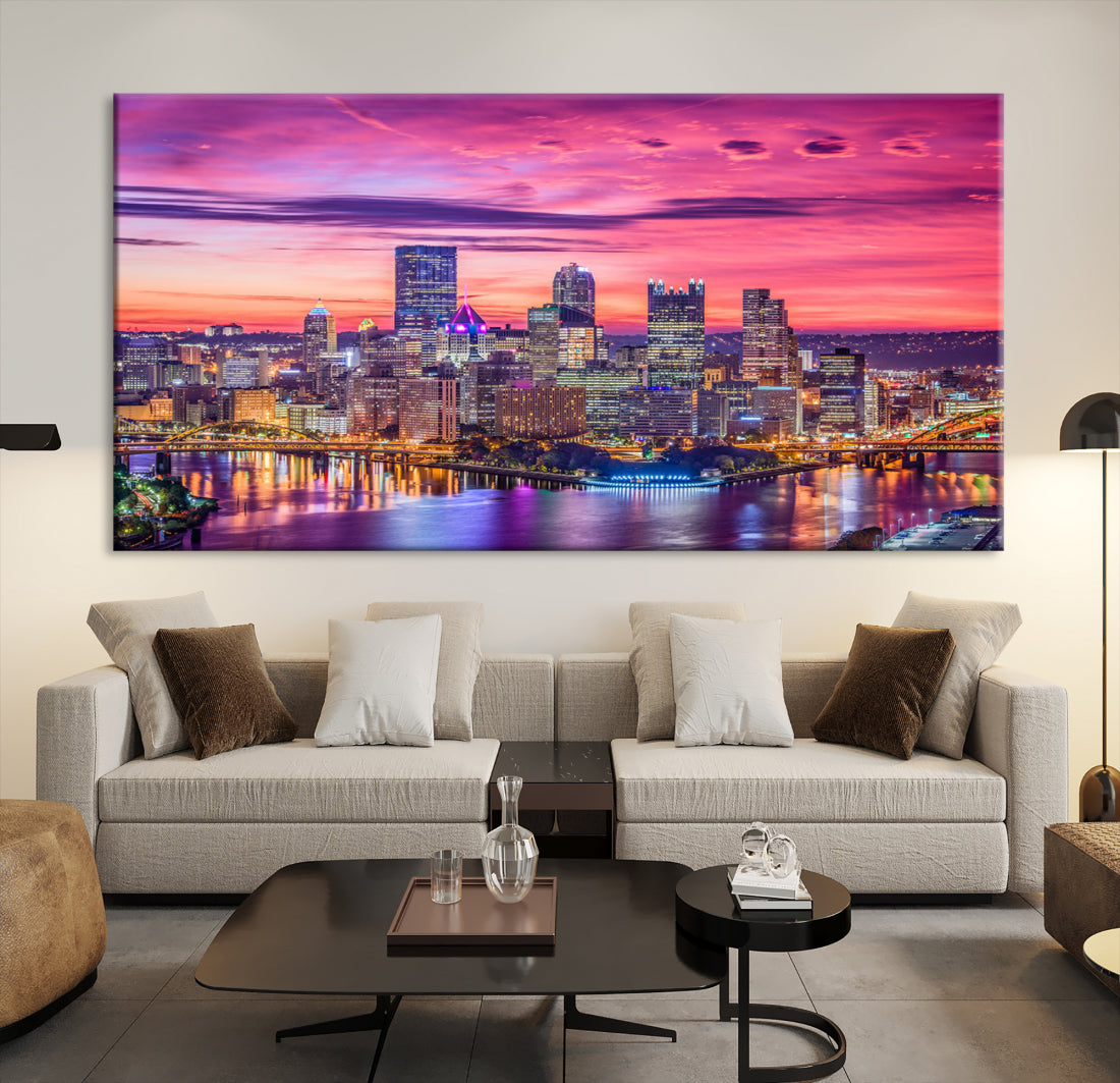 Pittsburgh Skyline Wall Art pink sky sunset cityscape Canvas Print Pennsylvania wall decor