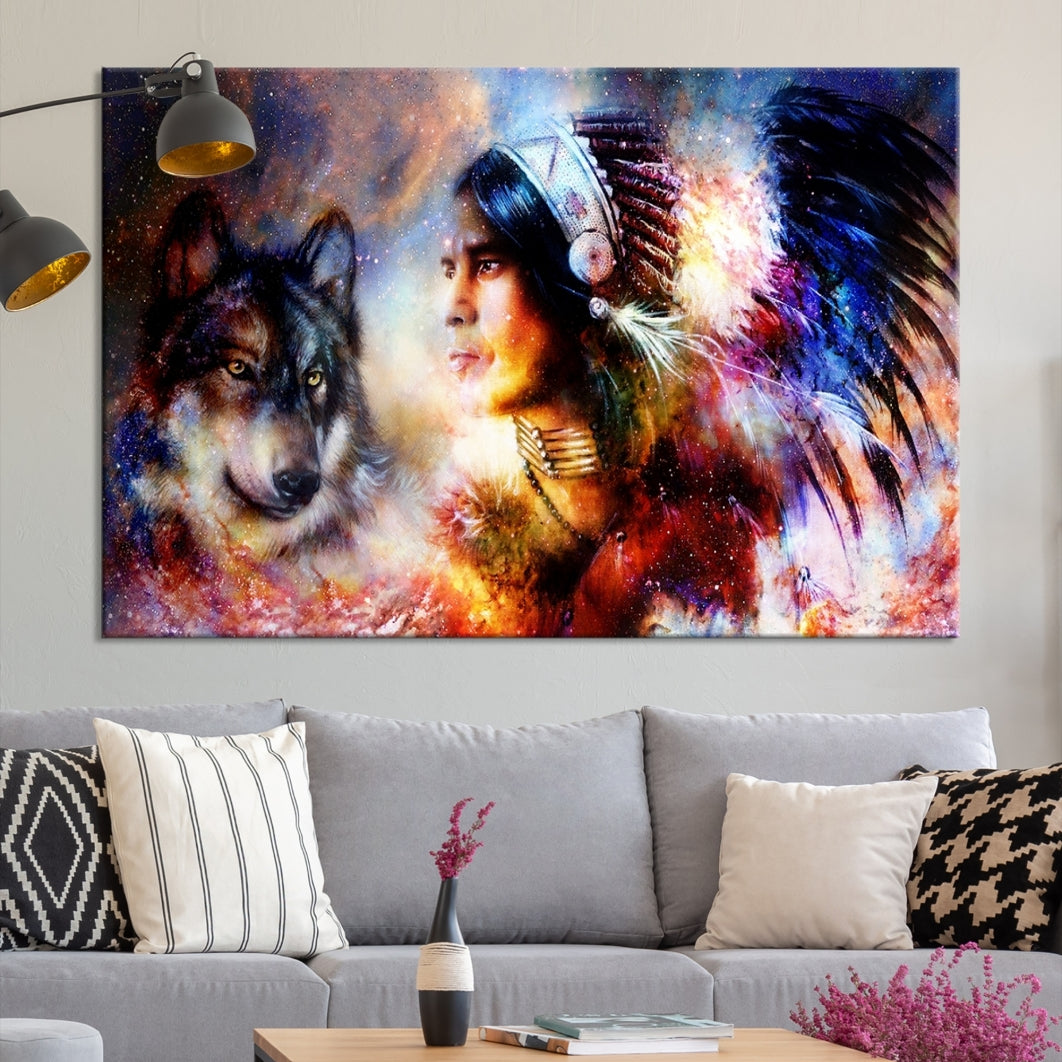 Wolf and Abstract Indian Chief Wall Art Canvas Print