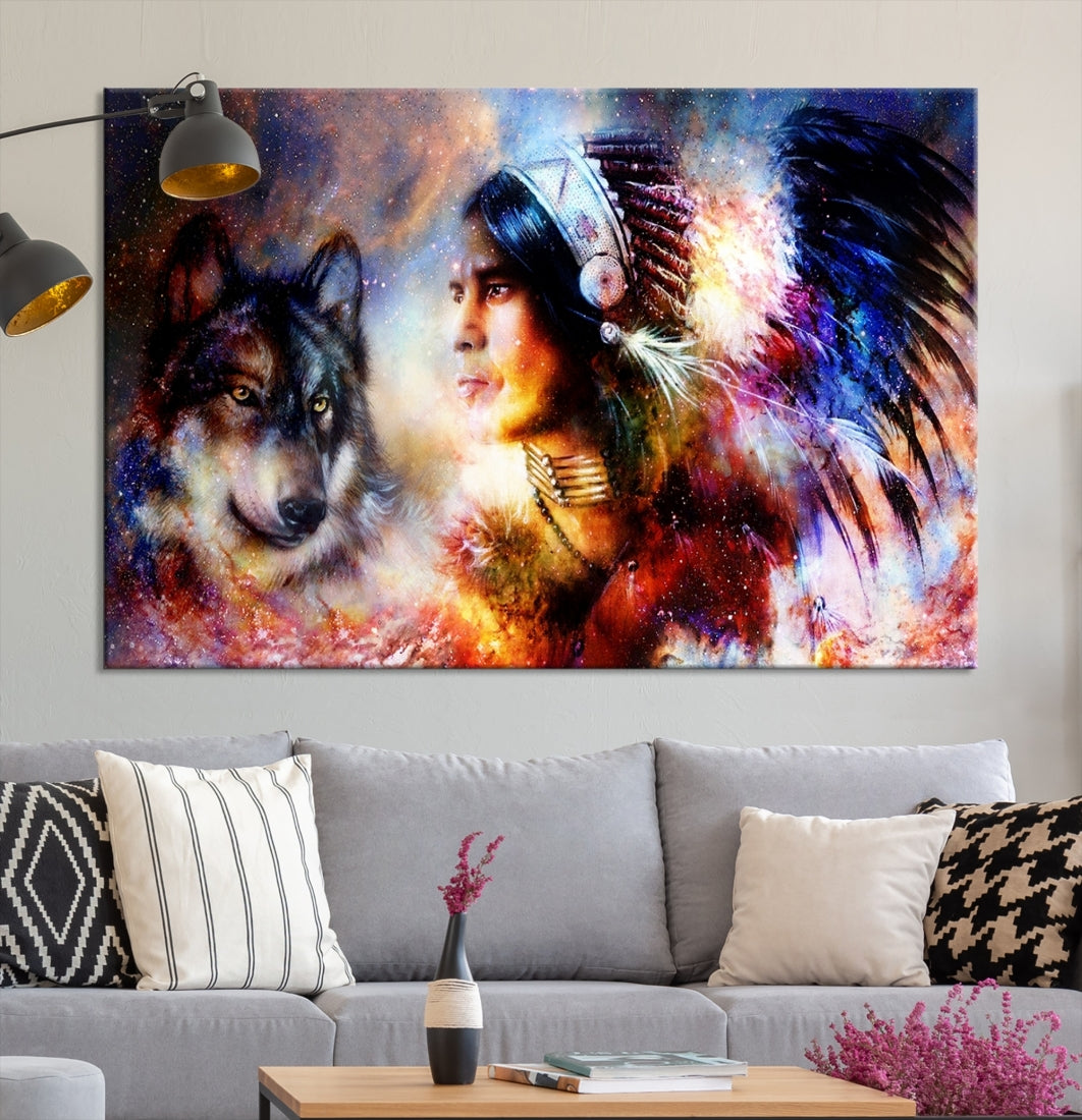 Wolf and Abstract Indian Chief Wall Art Canvas Print