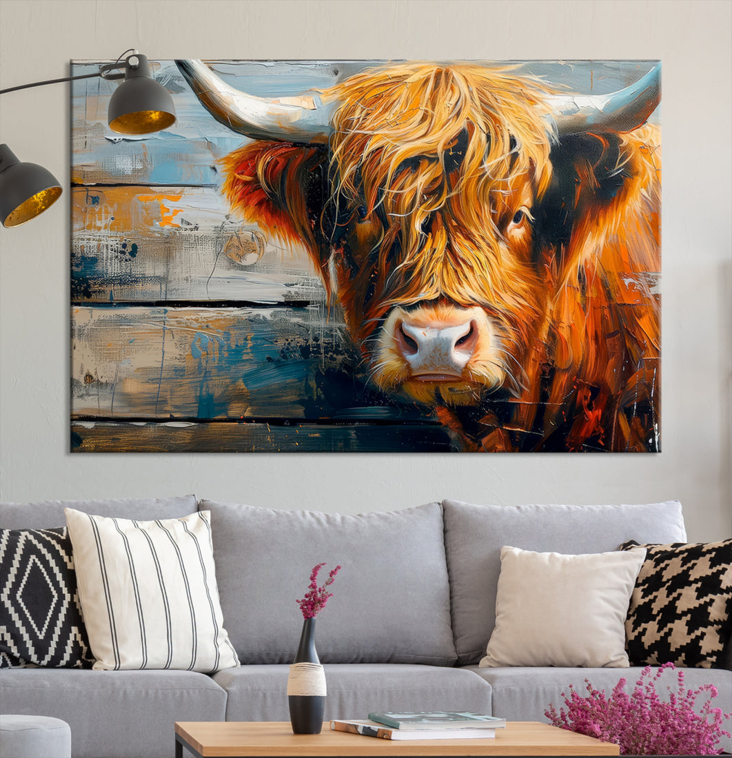 Cool Longhorn Cow on Old Wood Background Canvas Wall Art Print Framed and Shipped