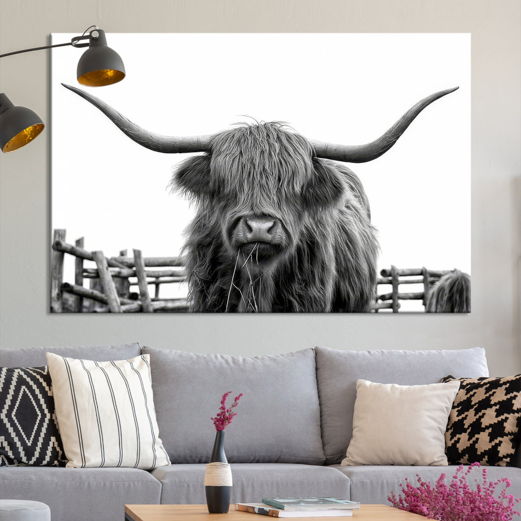 Bighorn Wall Art Cow Canvas Print Black White Artwork Mountain Lounge Farmhouse Wall Decor