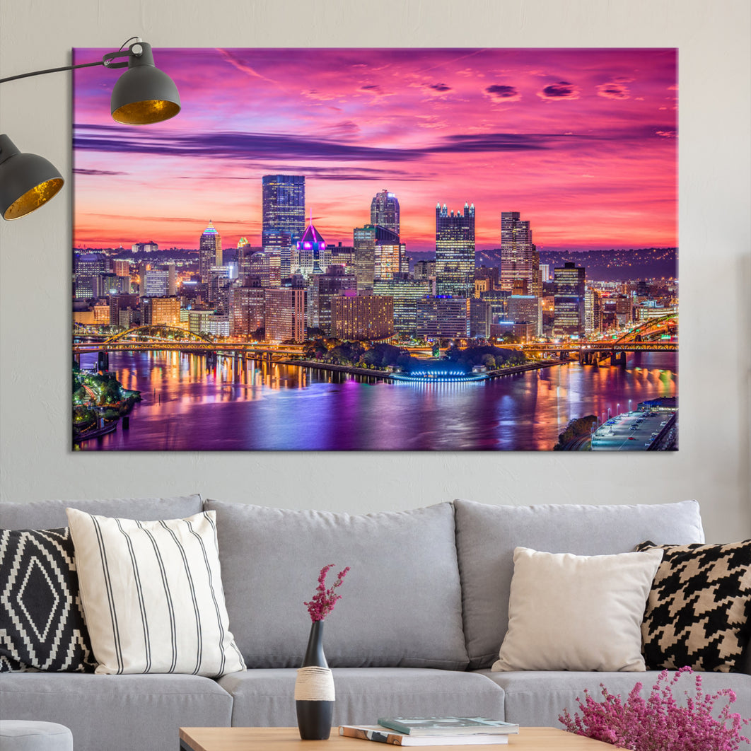 Pittsburgh Skyline Wall Art pink sky sunset cityscape Canvas Print Pennsylvania wall decor