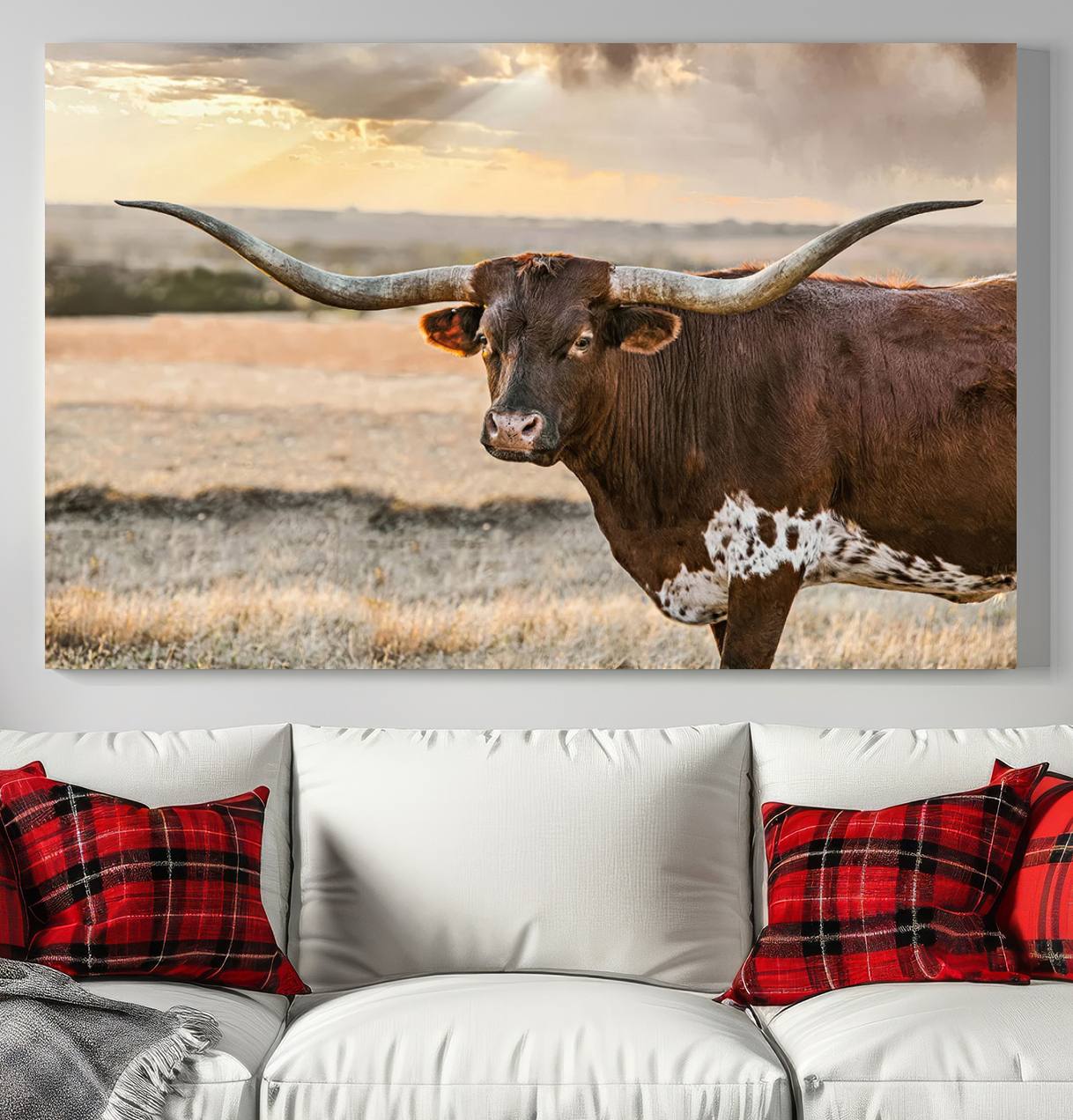 Bighorn Cow Texas Theme Decor Wall Art Canvas Print, Cattle Longhorn Wall Art Print