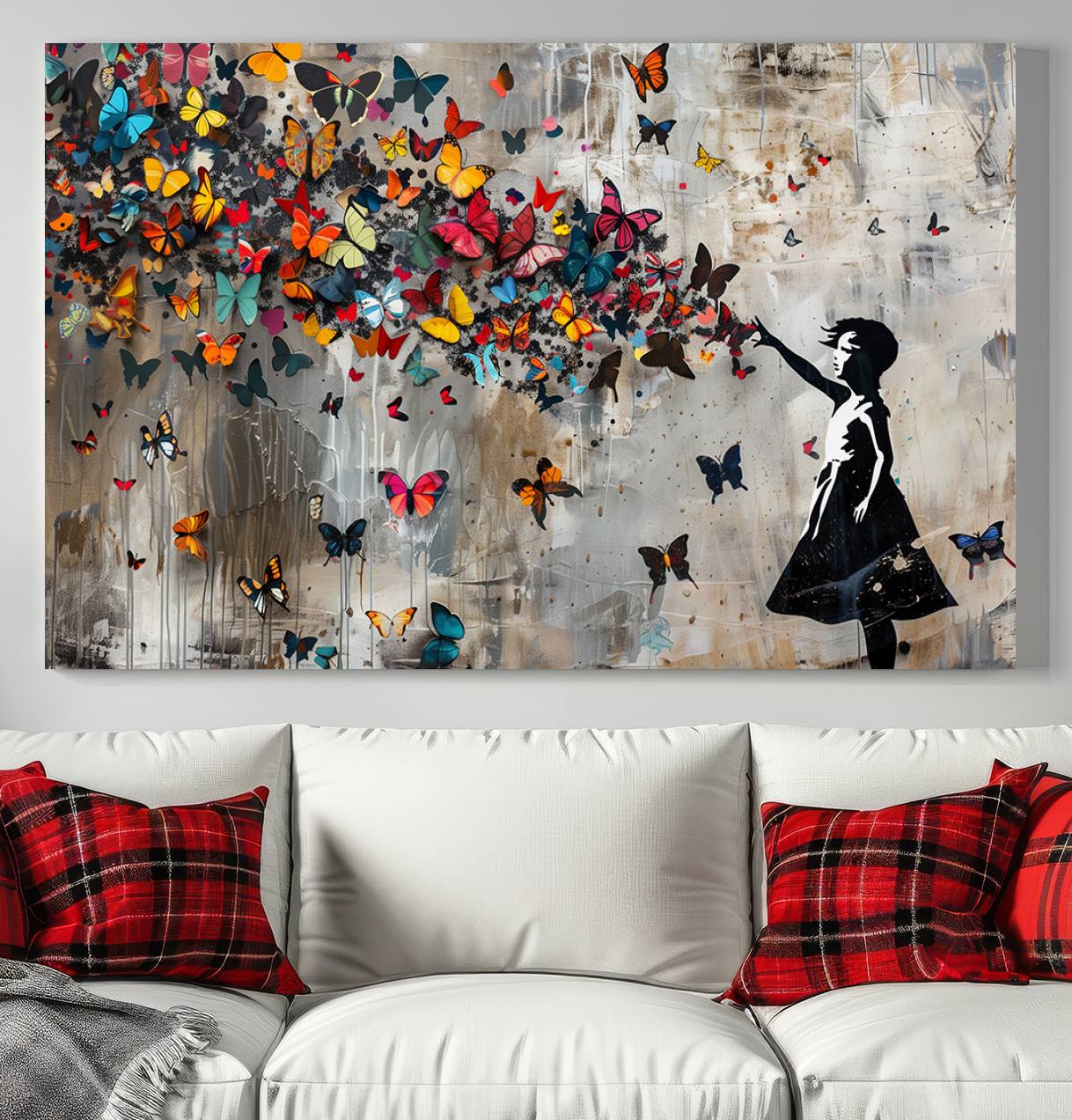 Banksy Style Girl and Butterfly on the Wall Art Canvas Print