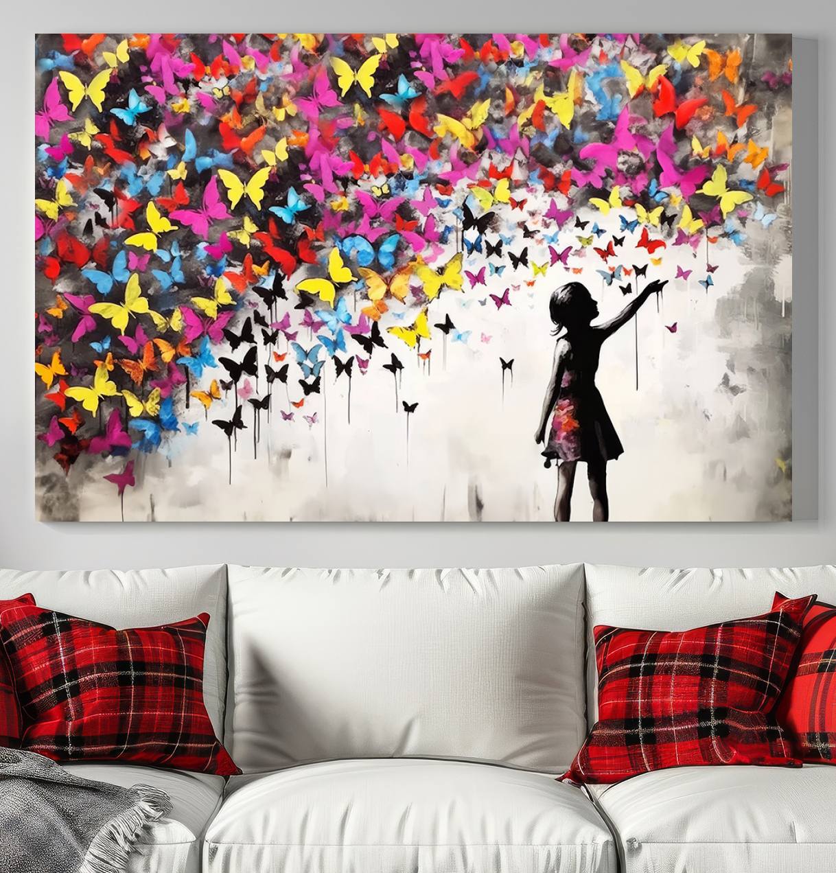 Banksy Style Girl and Butterfly Wall Art Canvas Print
