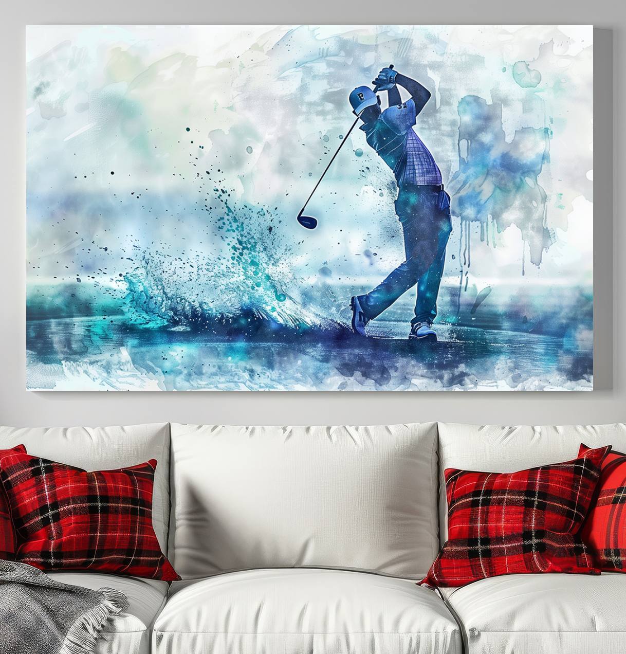 Blue Abstract Watercolor Golf Player Wall Art Canvas Print for Sport Room Decor