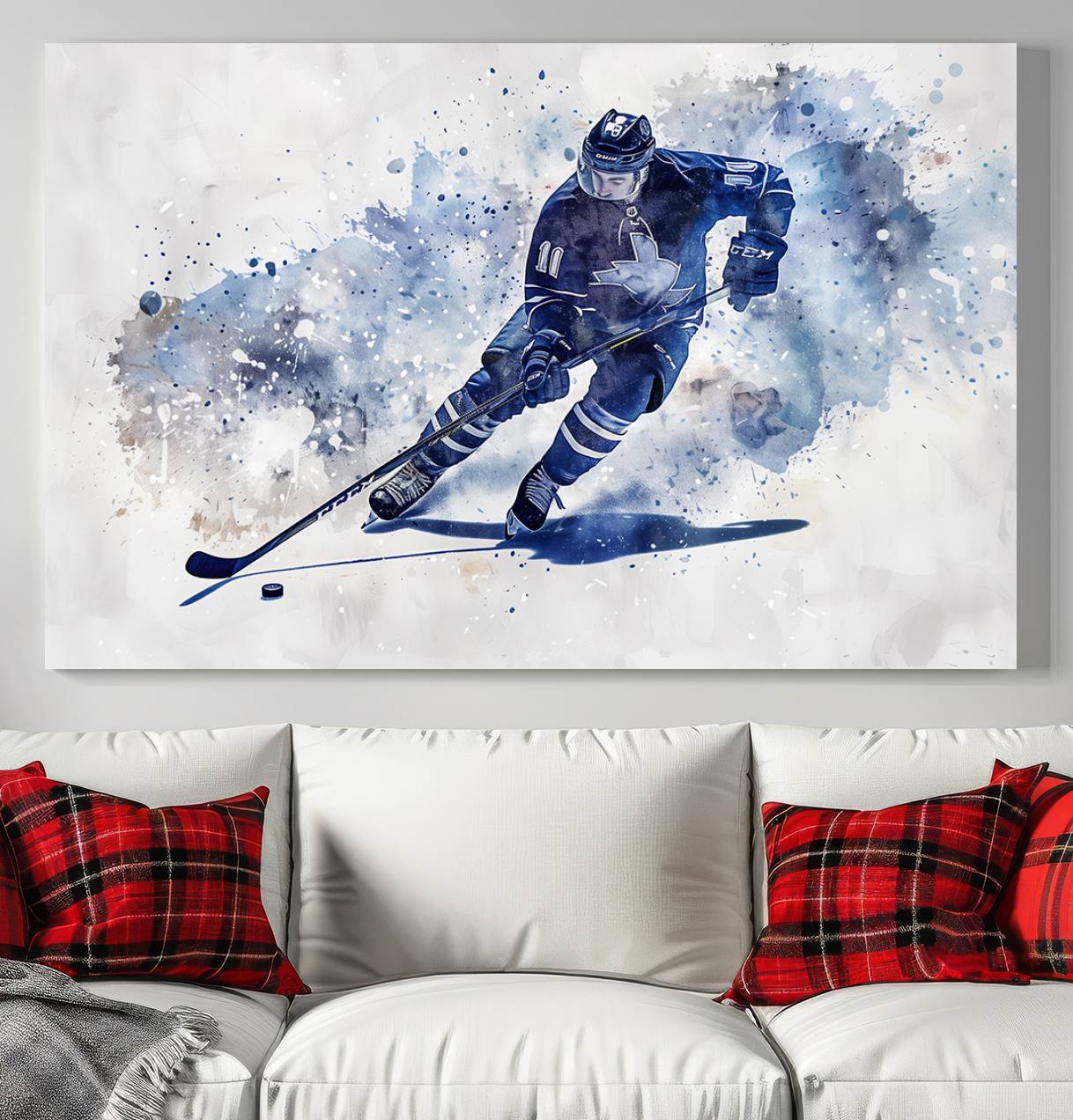 Abstract Watercolor Hockey Player Wall Art Canvas Print for Sport Room Decor
