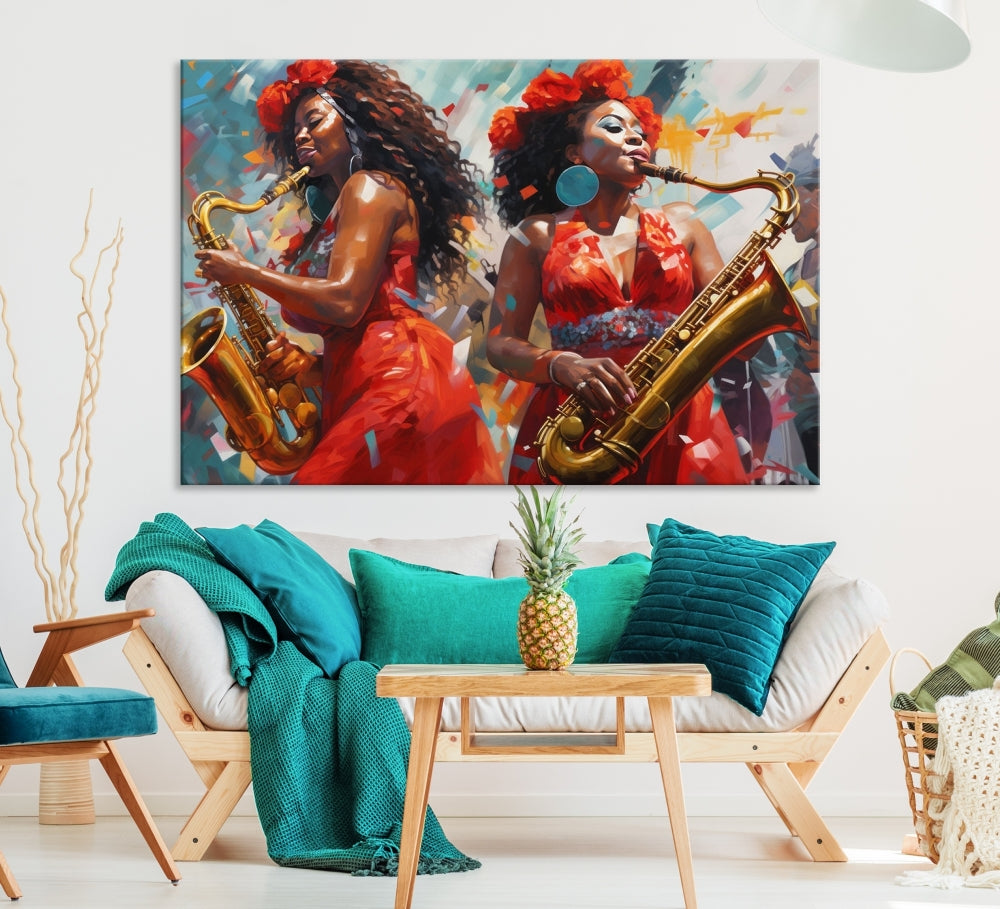 Saxophone Music Wall Art, Jazz Canvas Print, African American Woman Painting, Set of Print
