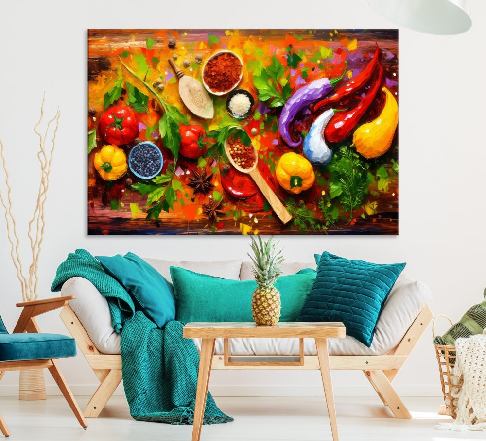 Modern Kitchen Wall Art Print, Colorful Fresh Vegetables Cooking Canvas Art, Restaurant Decor, Set of