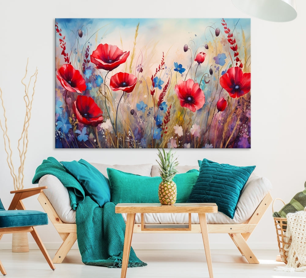 Colorful Wall Art Canvas Print Abstract Flowers Watercolor Red Blue Painting