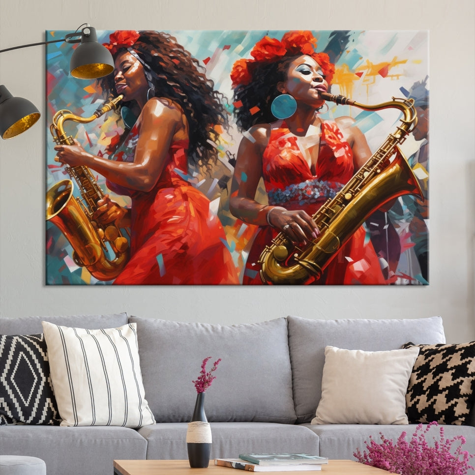 Saxophone Music Wall Art, Jazz Canvas Print, African American Woman Painting, Set of Print