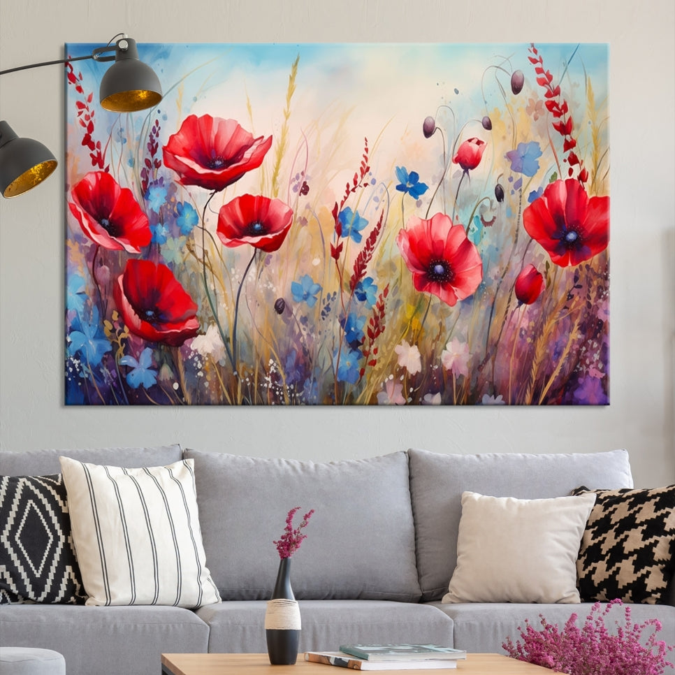 Colorful Wall Art Canvas Print Abstract Flowers Watercolor Red Blue Painting