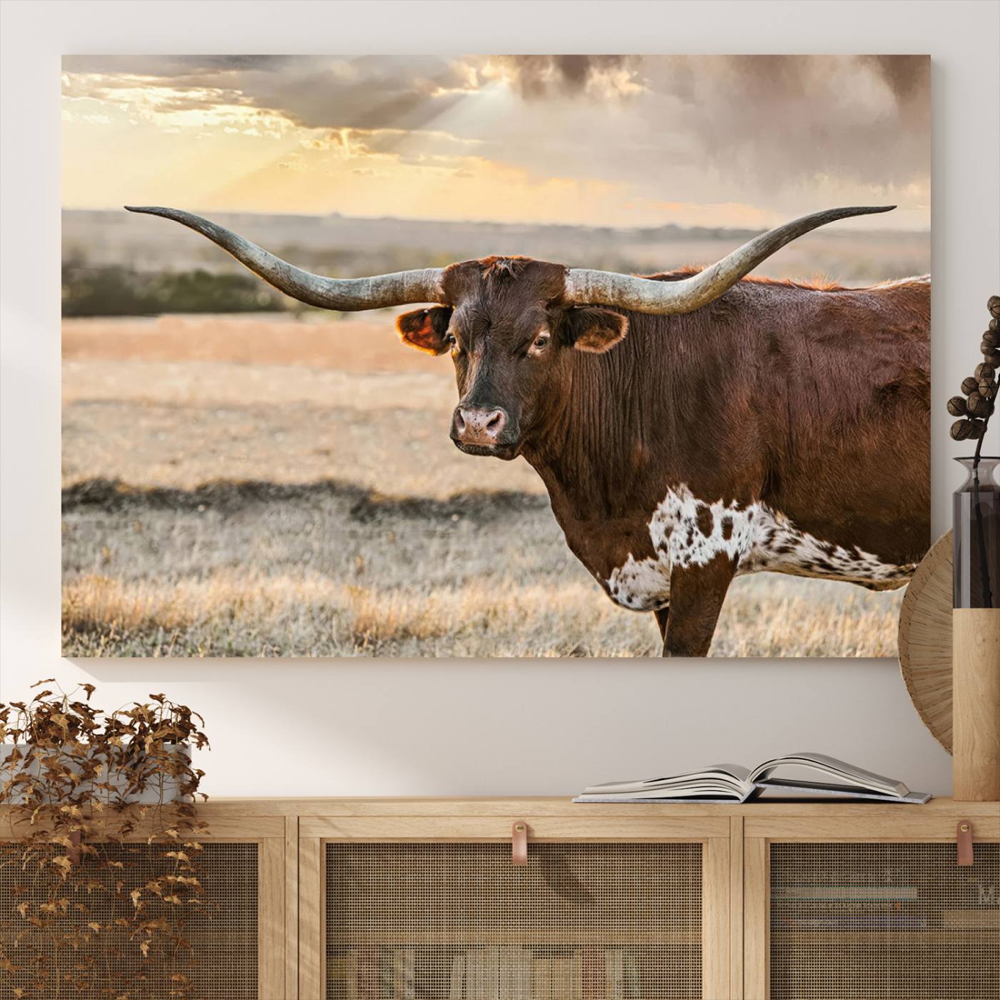 Bighorn Cow Texas Theme Decor Wall Art Canvas Print, Cattle Longhorn Wall Art Print