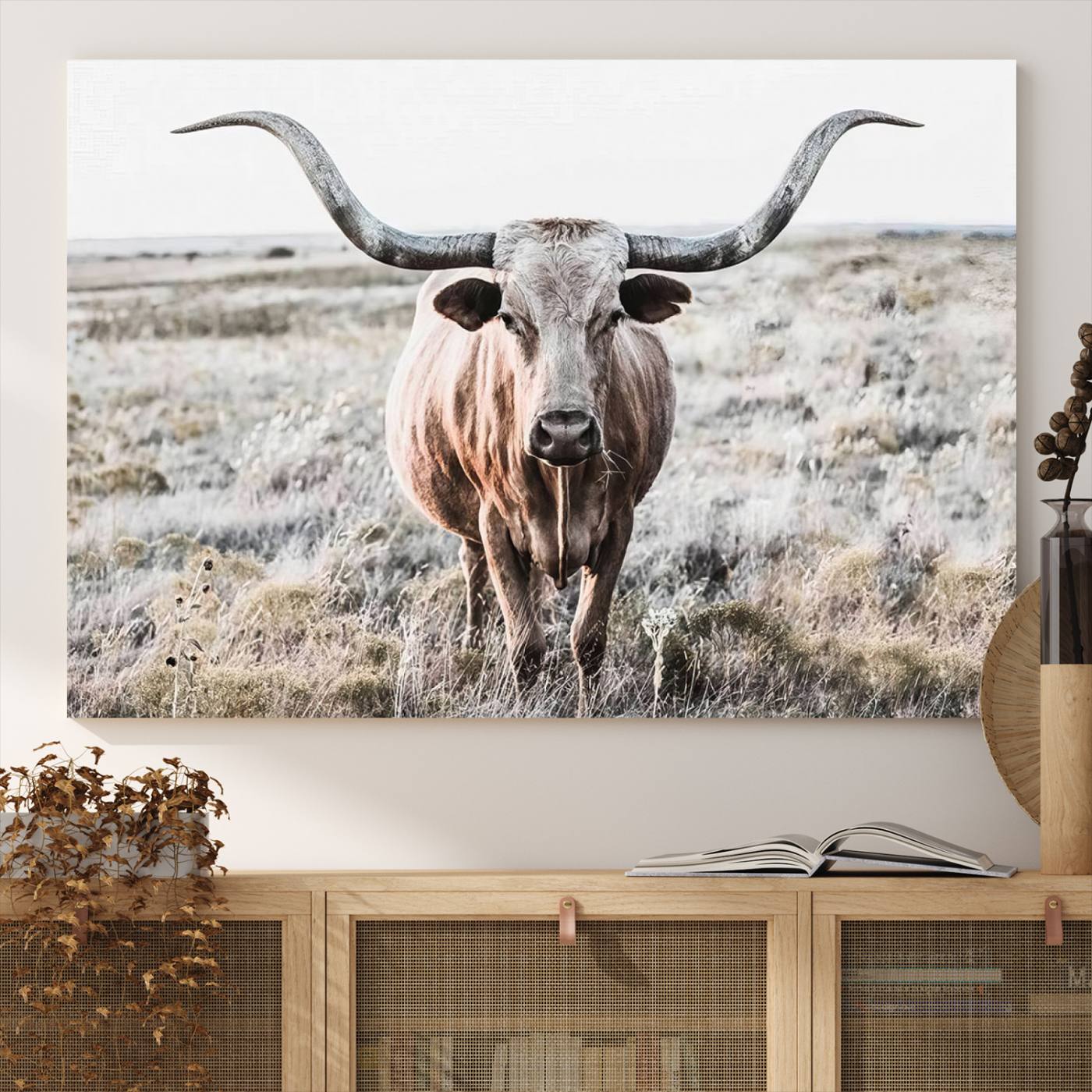 Texas Cow Longhorn Wall Art Canvas Print, Cattle Bighorn Wall Art Print