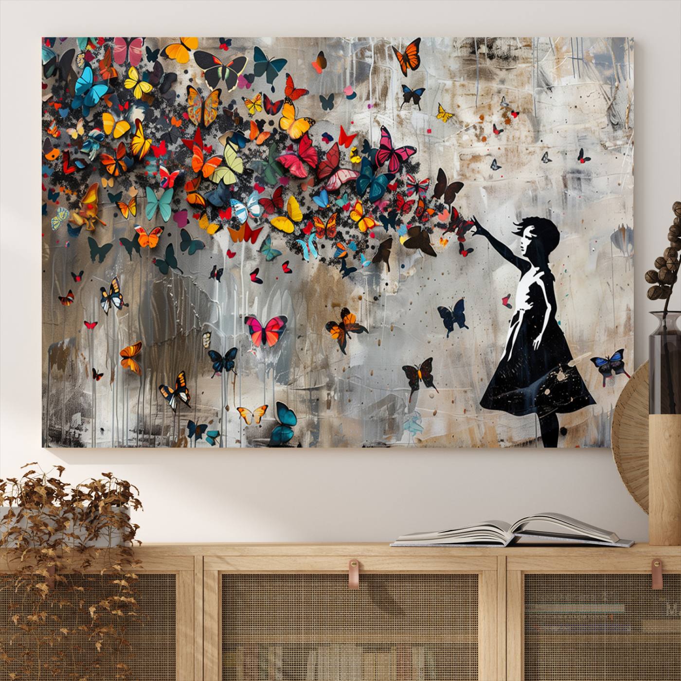 Banksy Style Girl and Butterfly on the Wall Art Canvas Print