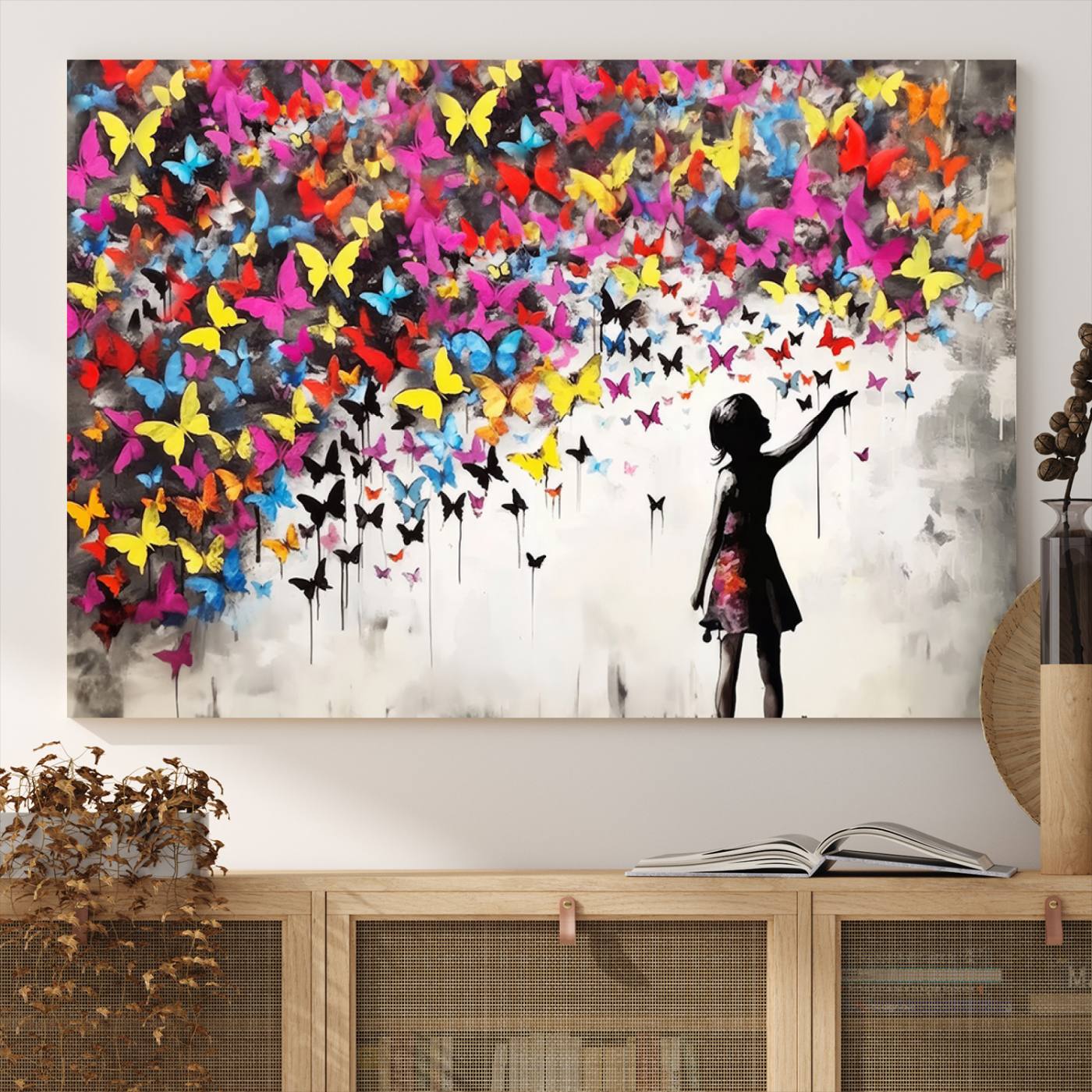 Banksy Style Girl and Butterfly Wall Art Canvas Print