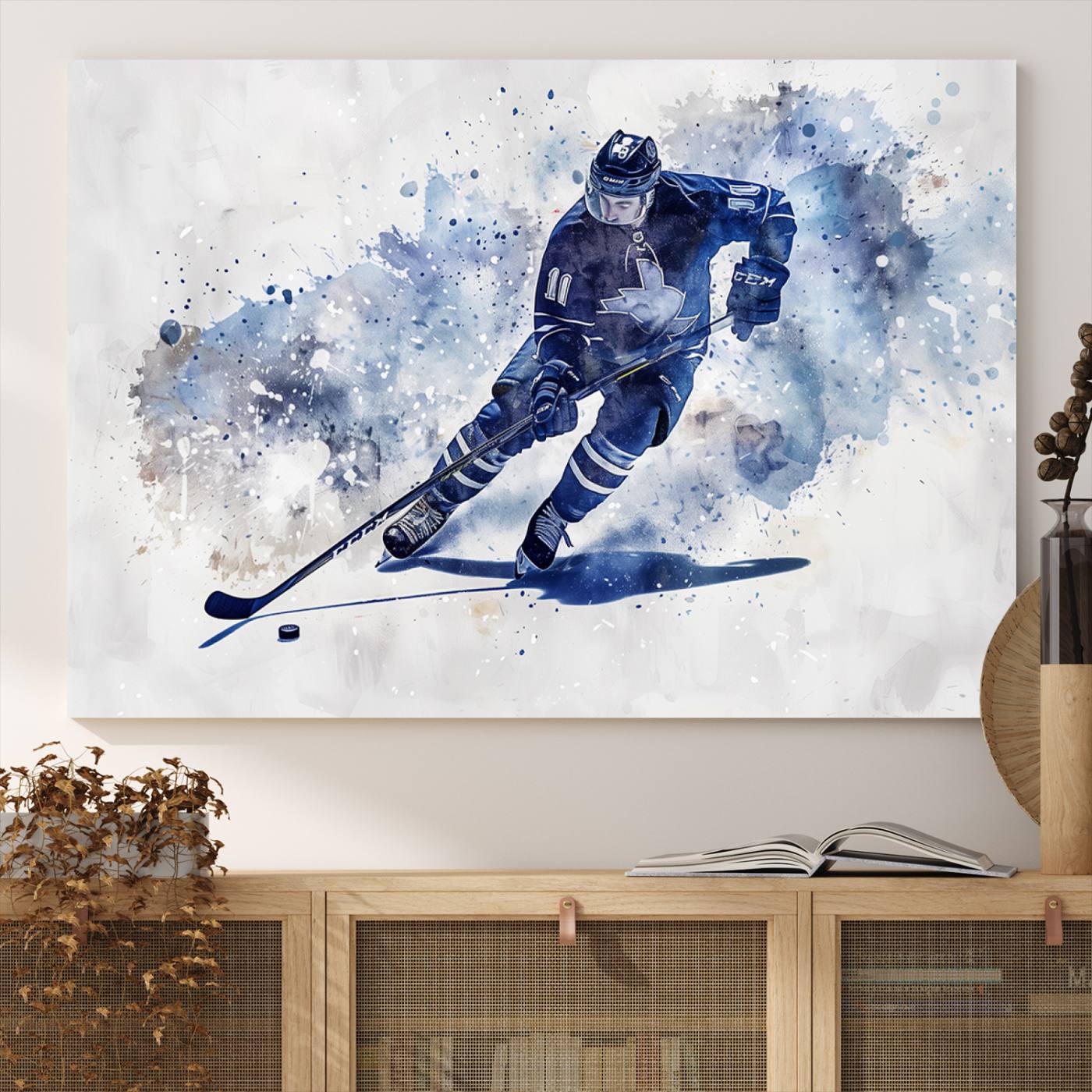 Abstract Watercolor Hockey Player Wall Art Canvas Print for Sport Room Decor