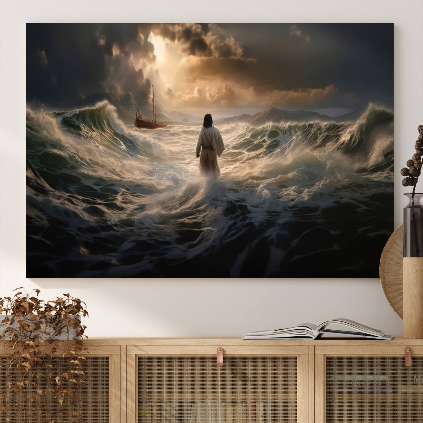 Jesus Walk in Sea Wall Art Canvas Print, Christian Wall Art Print,