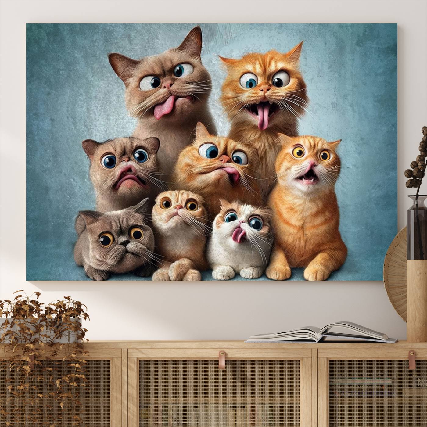 Fanny Cats Wall Art Canvas Print, Pixar Style Cat Wall Art Print, Comic Cartoon Cat Print