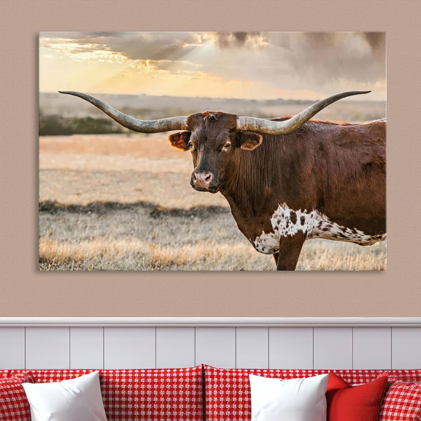 Bighorn Cow Texas Theme Decor Wall Art Canvas Print, Cattle Longhorn Wall Art Print