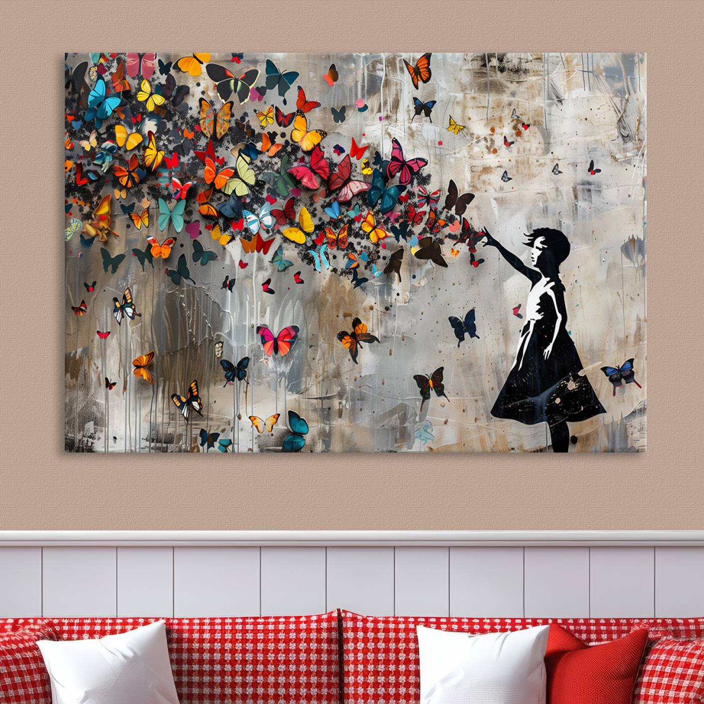 Banksy Style Girl and Butterfly on the Wall Art Canvas Print