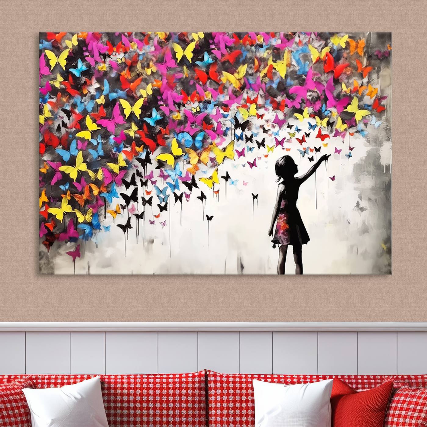 Banksy Style Girl and Butterfly Wall Art Canvas Print