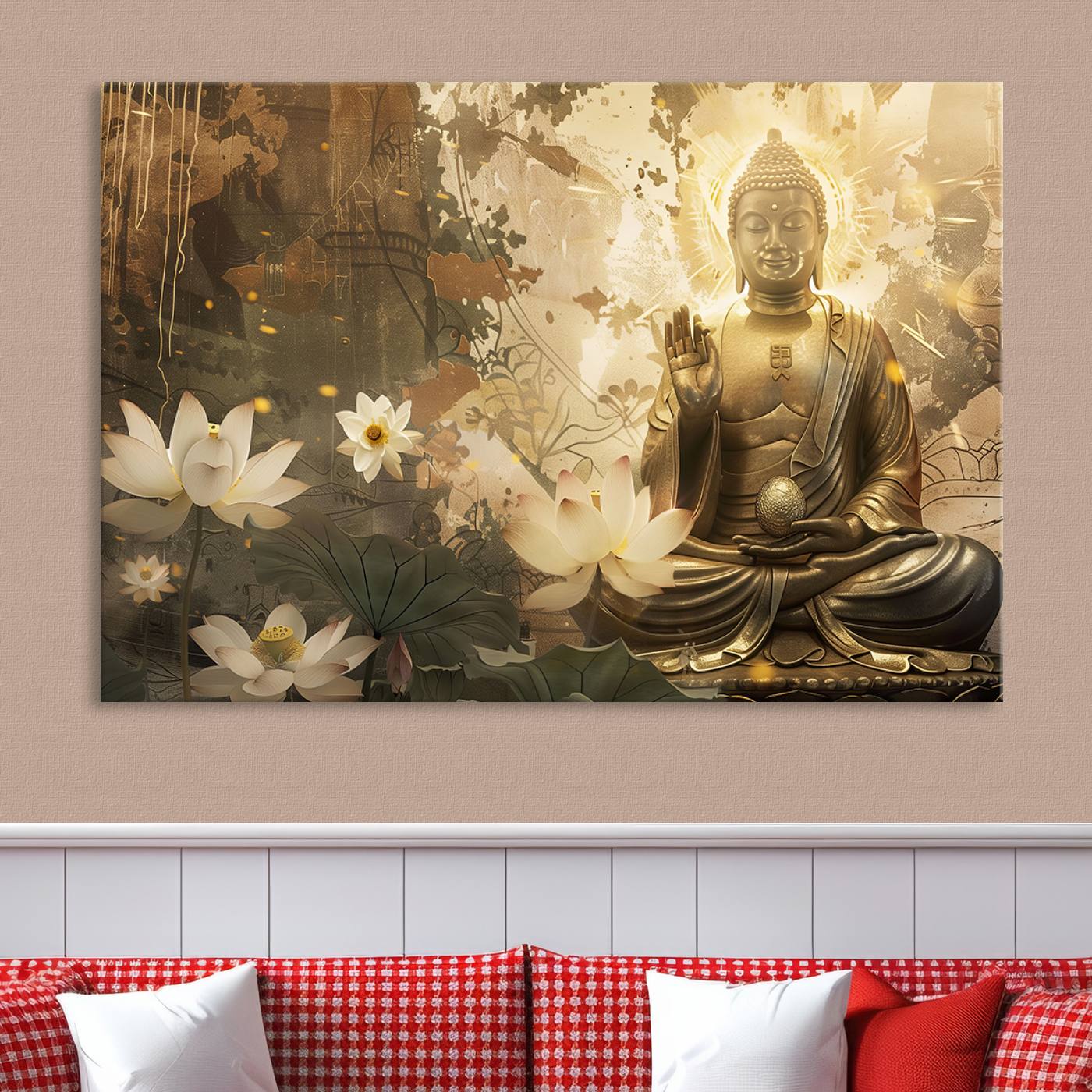 Buddha and Lotus Wall Art Canvas Print, Buddha Meditation Room Decor, Yoga Room Wall Art