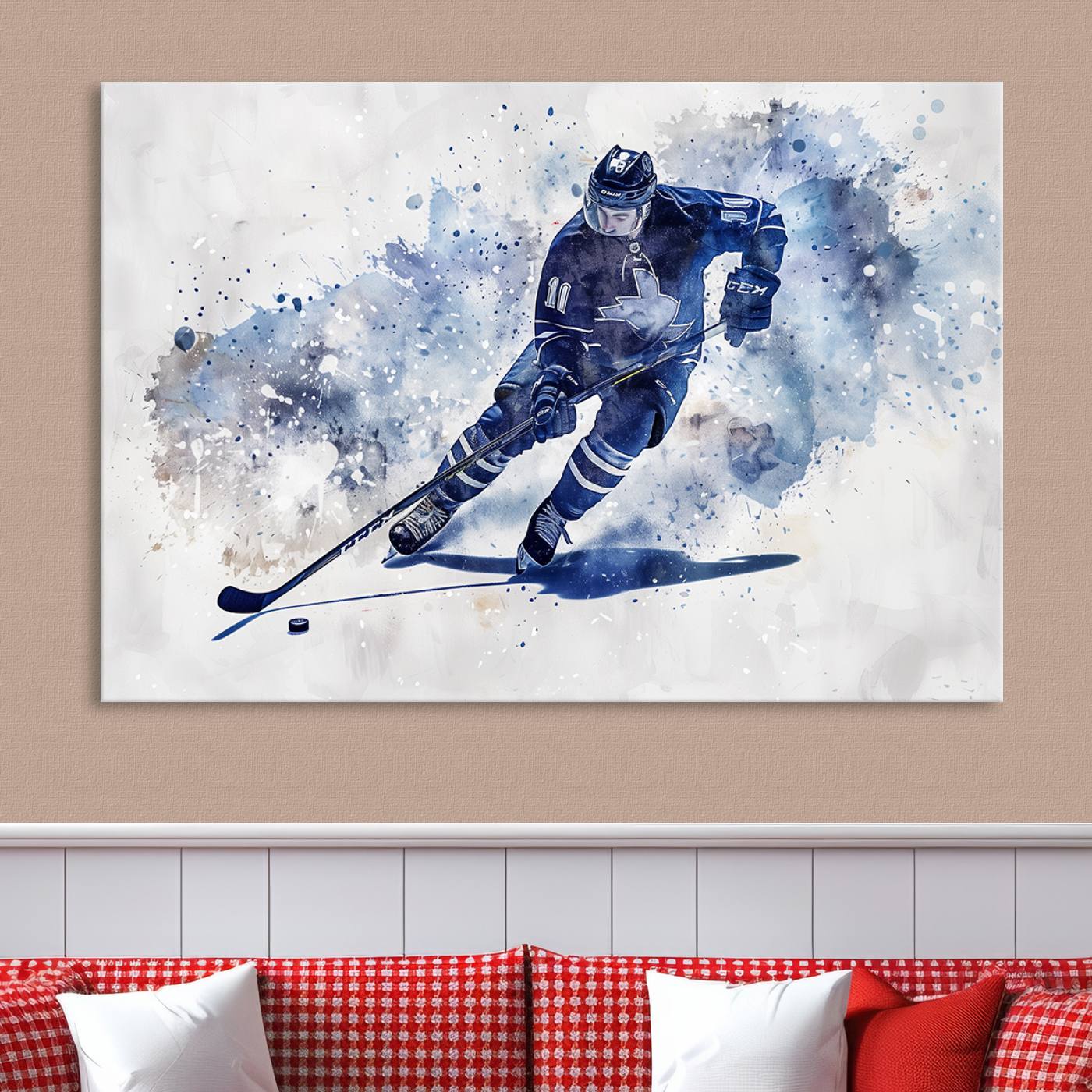 Abstract Watercolor Hockey Player Wall Art Canvas Print for Sport Room Decor